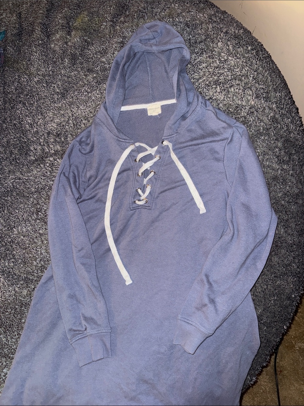 Lace-Up Hooded Tunic Sweatshirt Dress in Light Blue